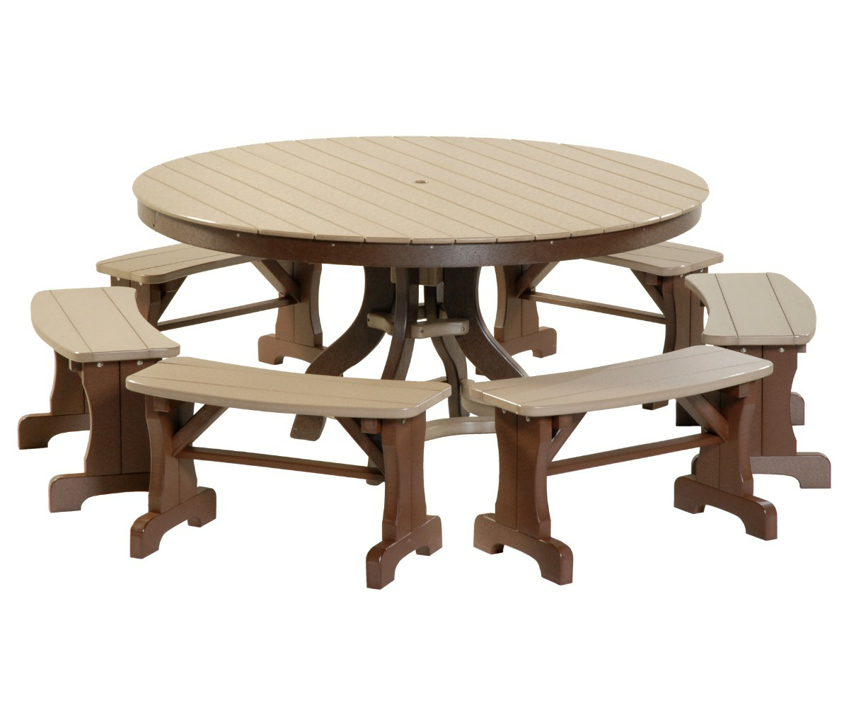 Round Patio Set with Benches (Weatherwood &amp; Brown) - Shore Casual Furniture
